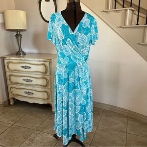 Perceptions New York Black Blue Floral Faux Wrap Midi A-line Dress Size L Beachy